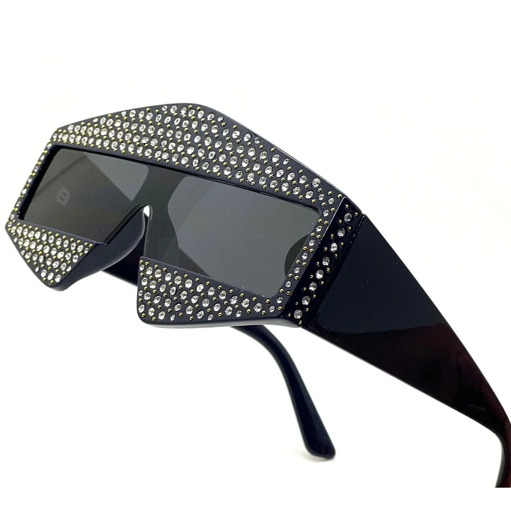 Black Rectangular Frame Women Sunglasses‎ Embellished small Crystals Rhinestones